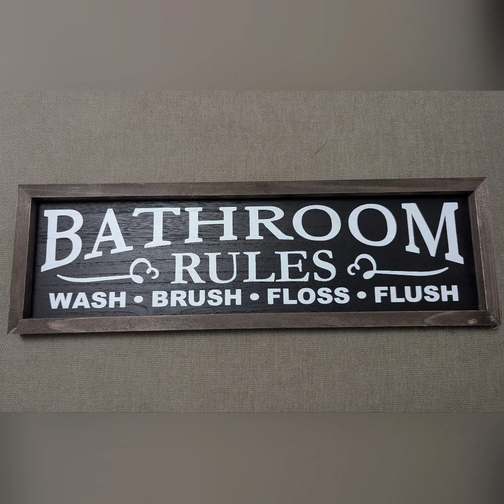 NEW! Bathroom Rules Farmhouse Rustic Wood Sign - Black and White 16in X 5in
